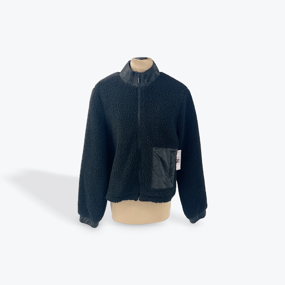 Juicy‎ Couture Black Teddy Fleece Jacket Embossed Pocket Collar Size M